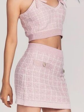 LoveShackFancy Pink Knit Tweed Mini Skirt